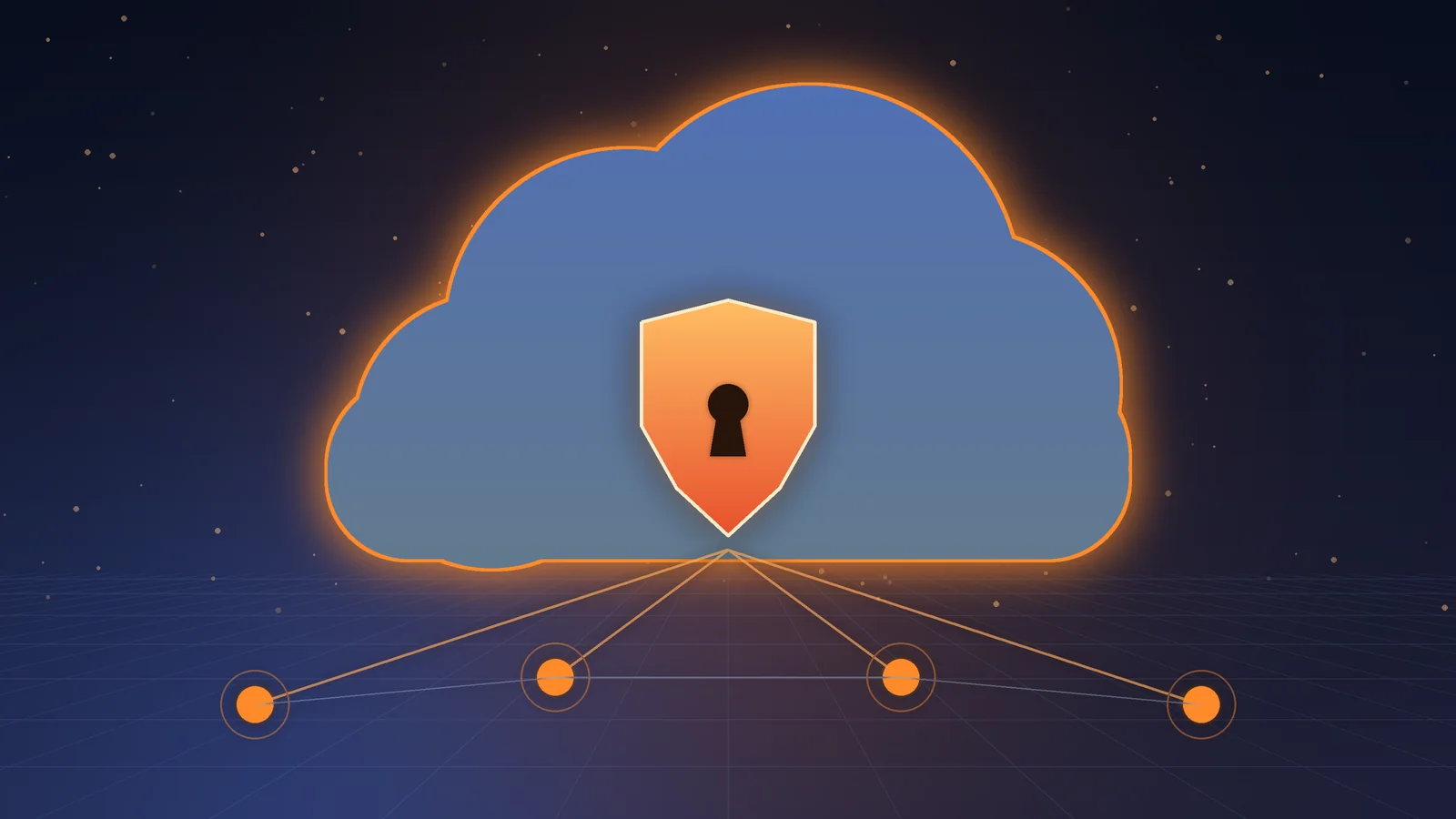 Steel-blue cloud with an orange glowing outline, a shield with a lock at its centre and four linked servers beneath