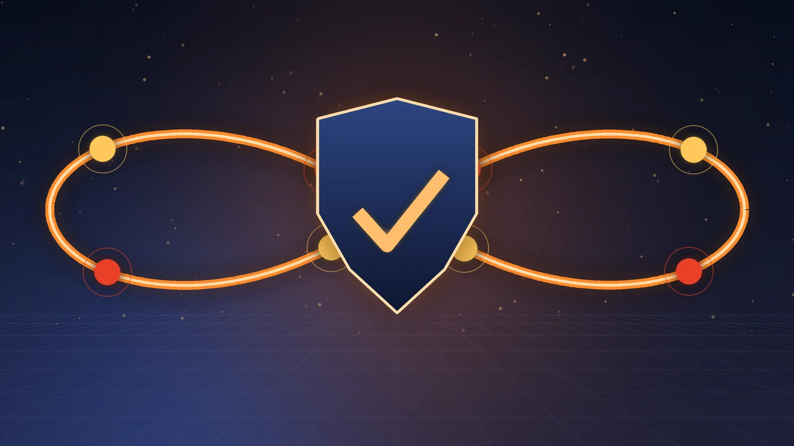 Glowing infinity-shaped delivery loop with eight pipeline stages and a shield with a check mark at the crossing