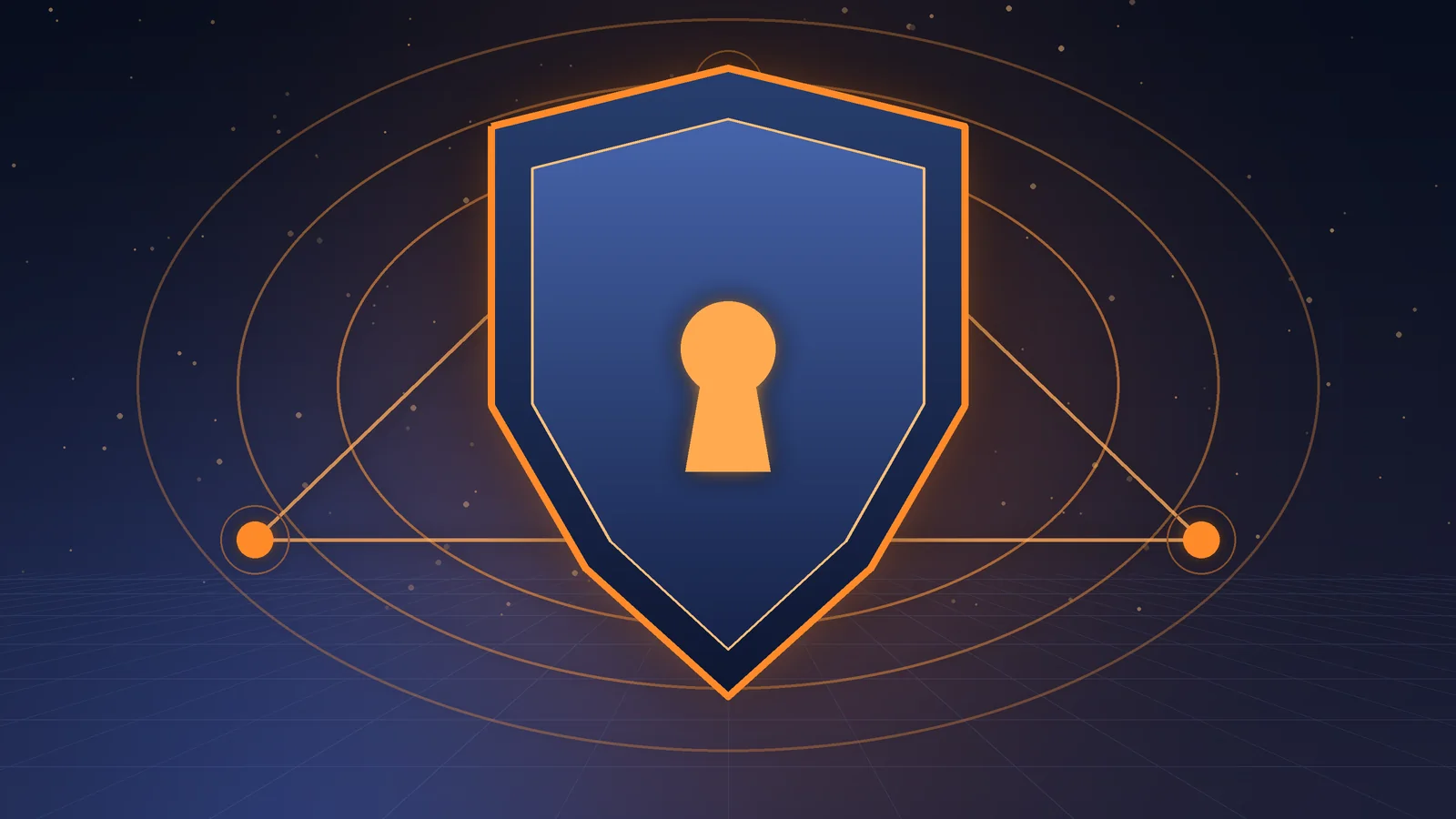 Glowing steel shield with a keyhole inside a triangle of three linked security nodes on a dark navy grid floor
