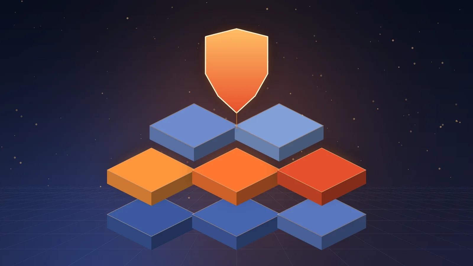 Isometric stack of eight glowing governance slabs forming a pyramid with a golden shield on top