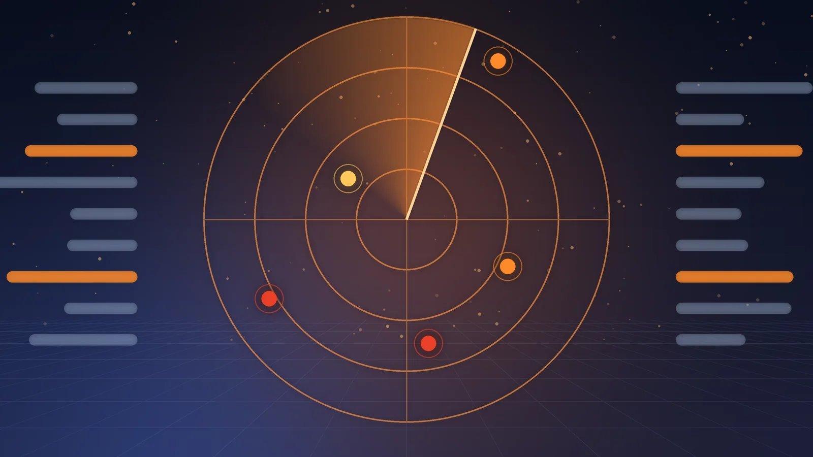 Orange radar sweep with highlighted alert blips between two columns of glowing log lines