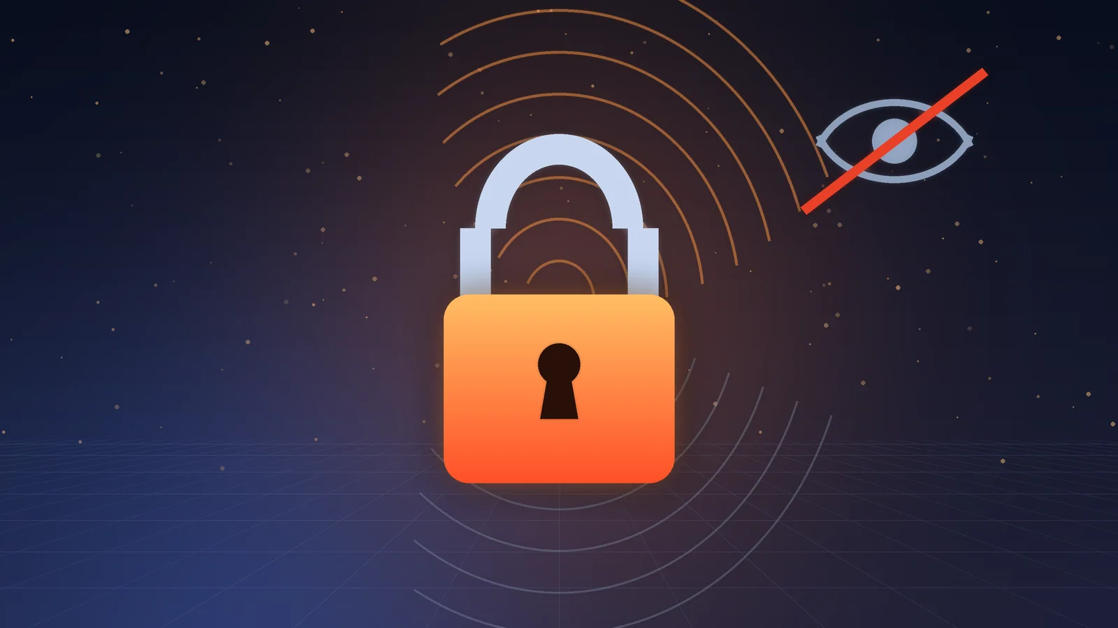 Glowing orange padlock over a fingerprint pattern with a crossed-out eye symbolising protected personal data