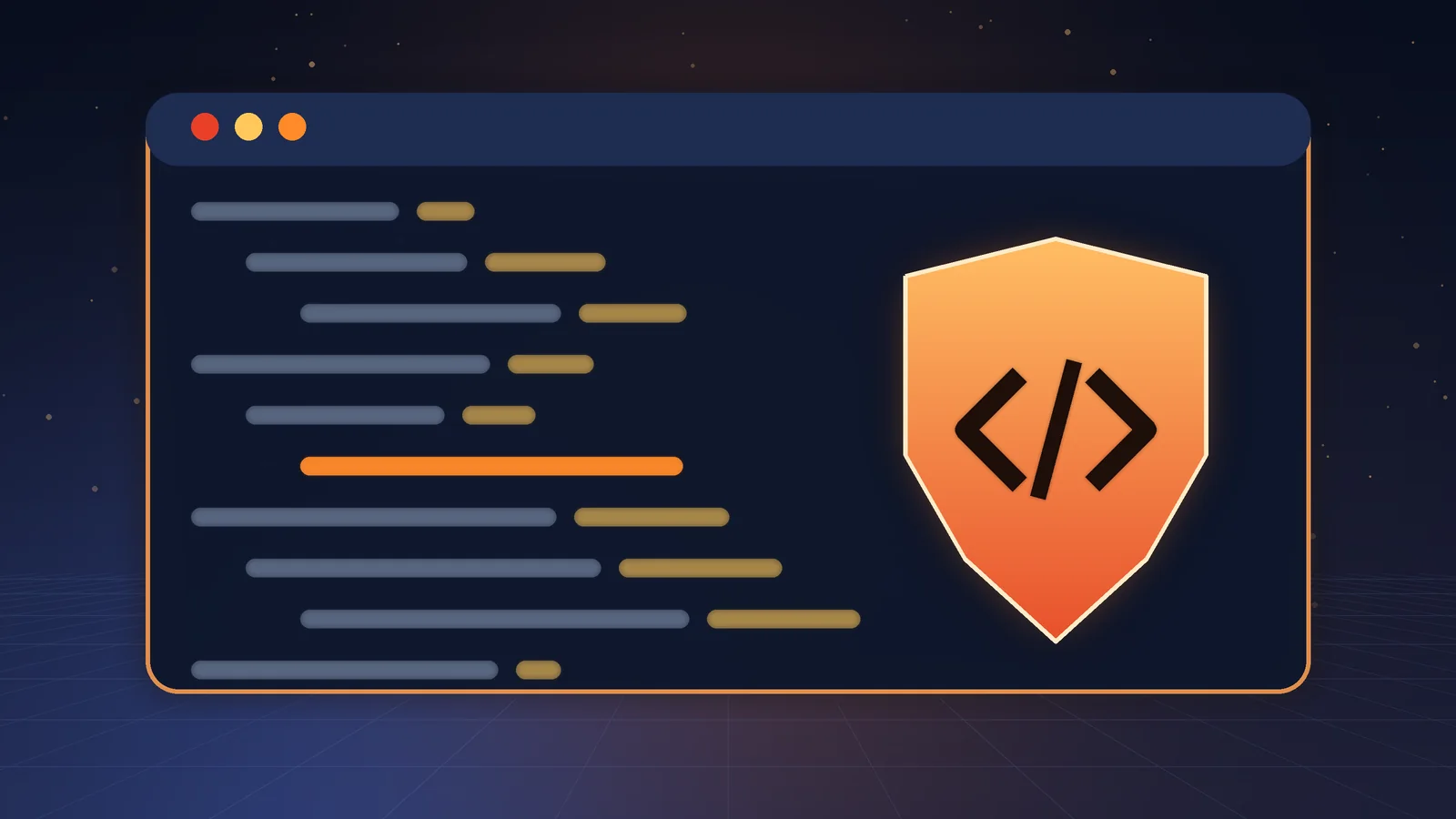 Code editor window with lines of code and a glowing shield bearing code brackets