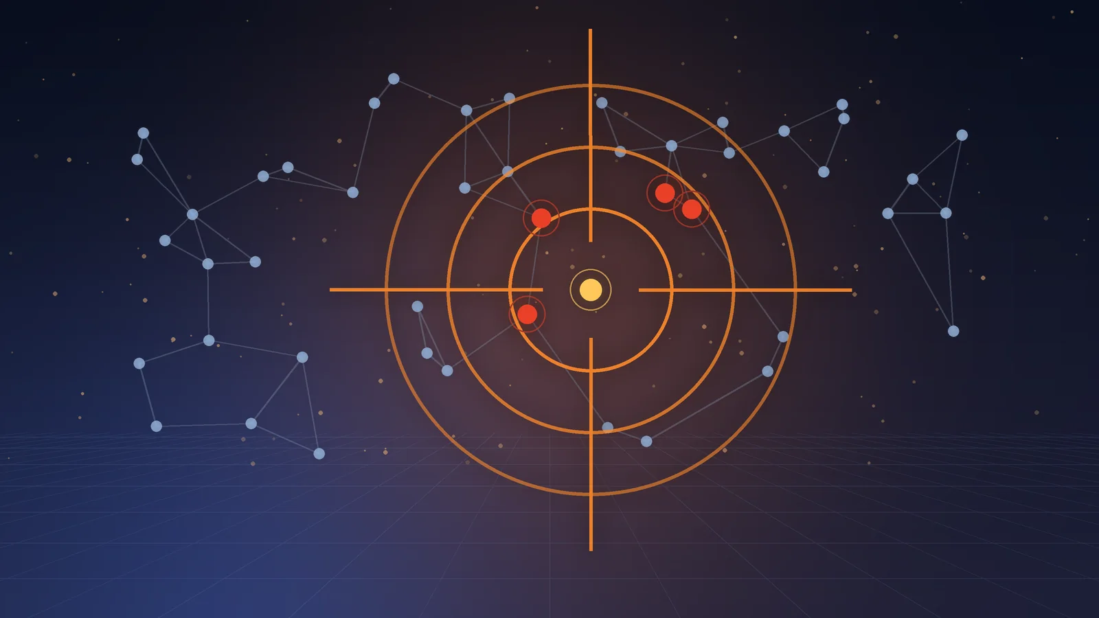 Network graph of connected points with an orange crosshair locking onto a cluster of red anomalies