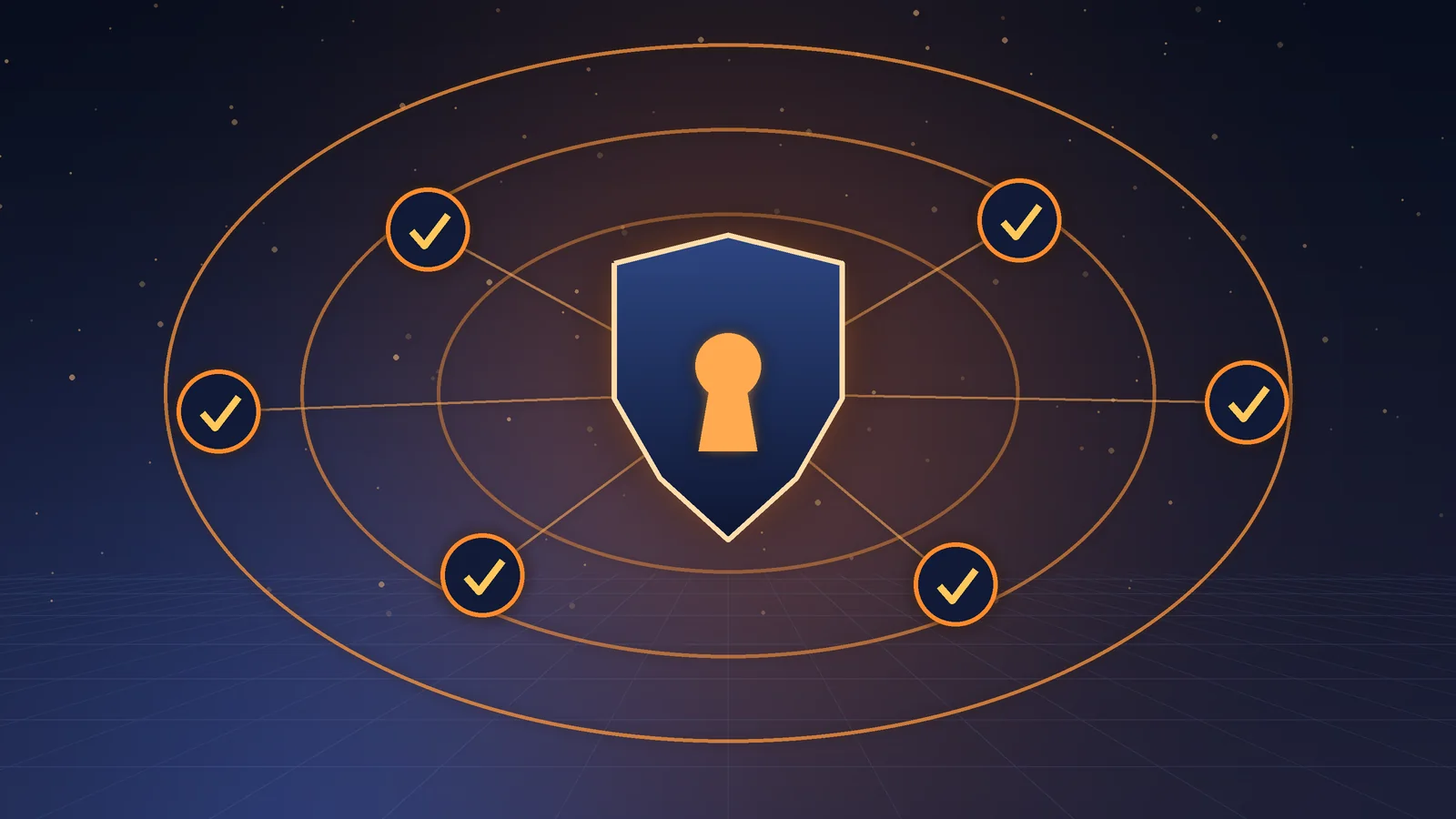Central shield with a keyhole linked to six verified nodes, each marked with a check, inside concentric trust rings
